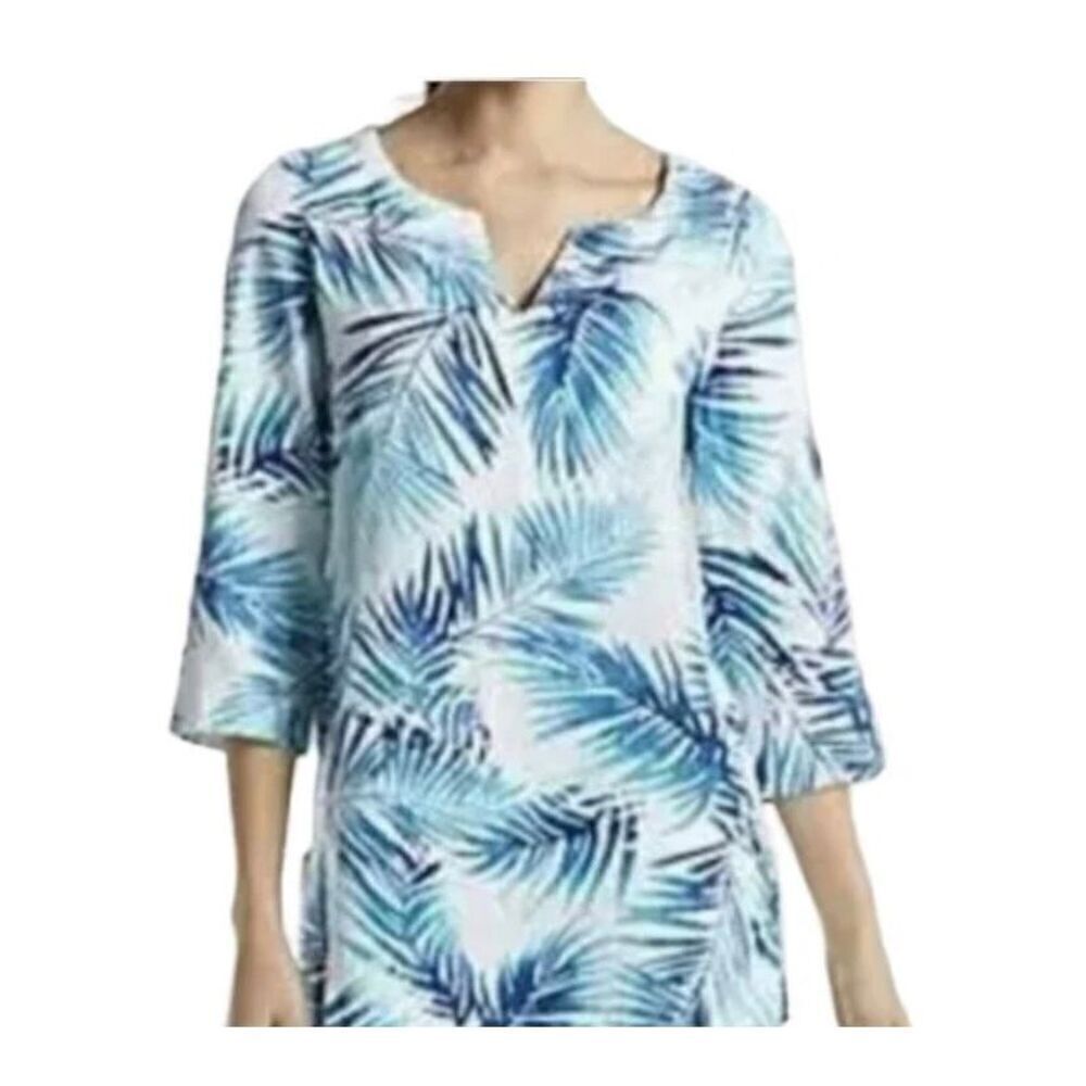 J Jill tunic, blue and white linen, palm, leaf tropical print Blouse size SP